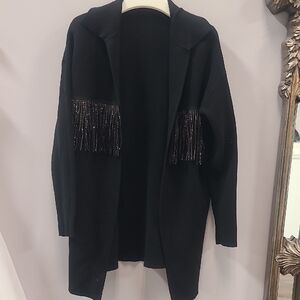 Chic Black Cardigan with Embellished Sleeves